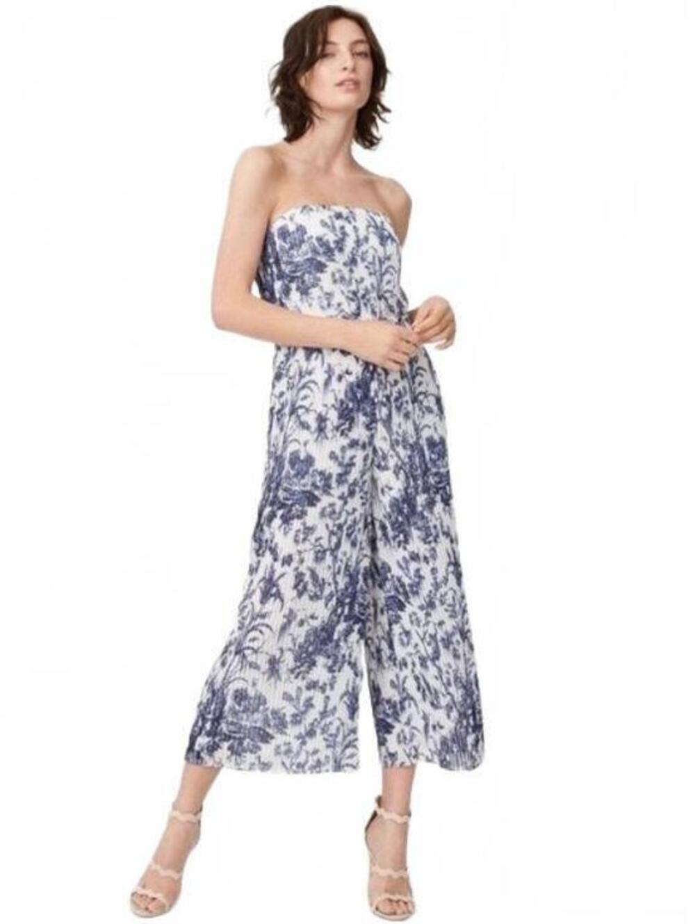 Club Monaco Jessany White and Blue Toile Halter Top Cropped Jumpsuit Size 8 EUC
